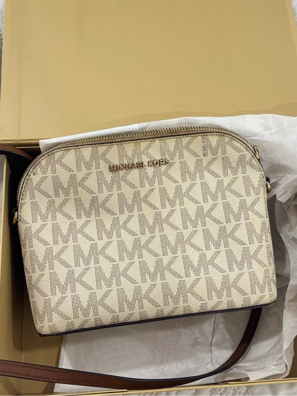 Michael Kors Cream Logo Crossbody with Brown Strap
